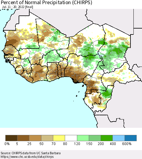 Western Africa Percent of Normal Precipitation (CHIRPS) Thematic Map For 7/11/2022 - 7/20/2022