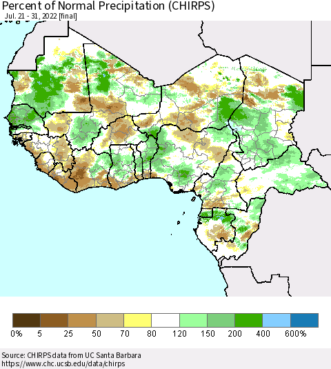 Western Africa Percent of Normal Precipitation (CHIRPS) Thematic Map For 7/21/2022 - 7/31/2022