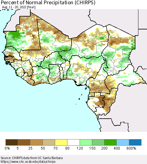 Western Africa Percent of Normal Precipitation (CHIRPS) Thematic Map For 8/11/2022 - 8/20/2022
