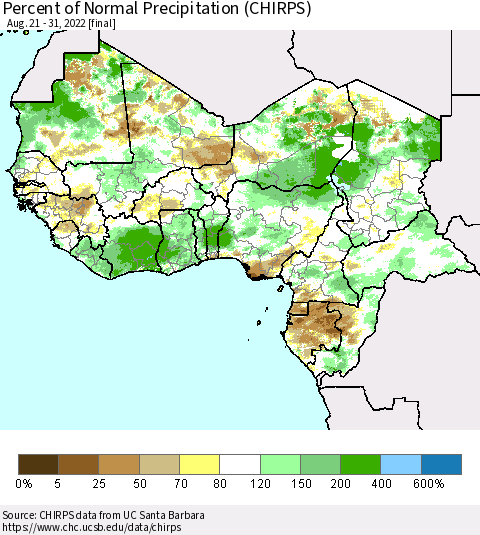 Western Africa Percent of Normal Precipitation (CHIRPS) Thematic Map For 8/21/2022 - 8/31/2022