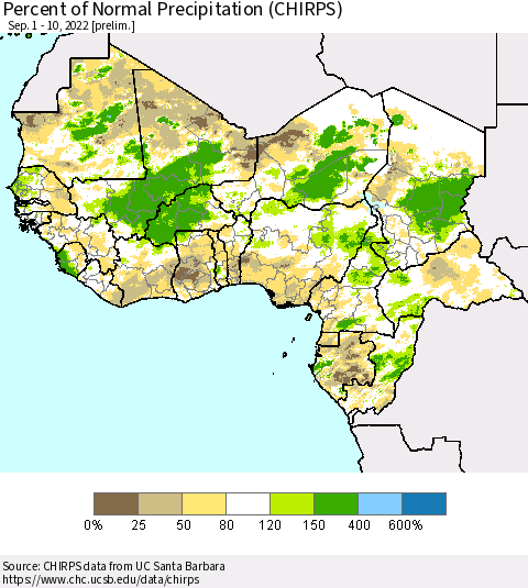 Western Africa Percent of Normal Precipitation (CHIRPS) Thematic Map For 9/1/2022 - 9/10/2022