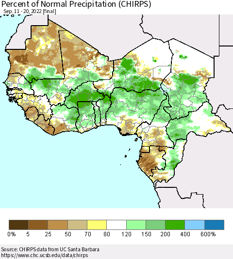 Western Africa Percent of Normal Precipitation (CHIRPS) Thematic Map For 9/11/2022 - 9/20/2022