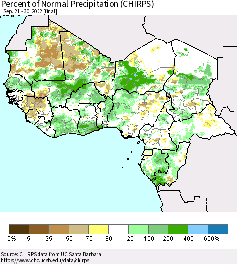 Western Africa Percent of Normal Precipitation (CHIRPS) Thematic Map For 9/21/2022 - 9/30/2022