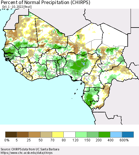 Western Africa Percent of Normal Precipitation (CHIRPS) Thematic Map For 10/1/2022 - 10/10/2022