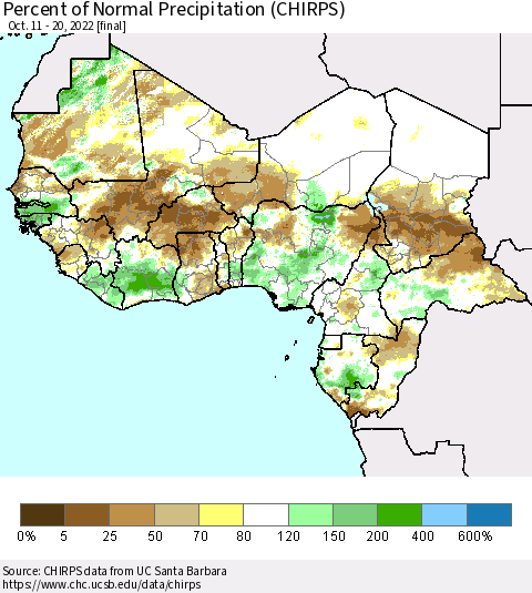 Western Africa Percent of Normal Precipitation (CHIRPS) Thematic Map For 10/11/2022 - 10/20/2022