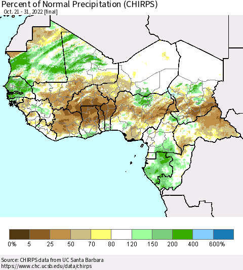 Western Africa Percent of Normal Precipitation (CHIRPS) Thematic Map For 10/21/2022 - 10/31/2022