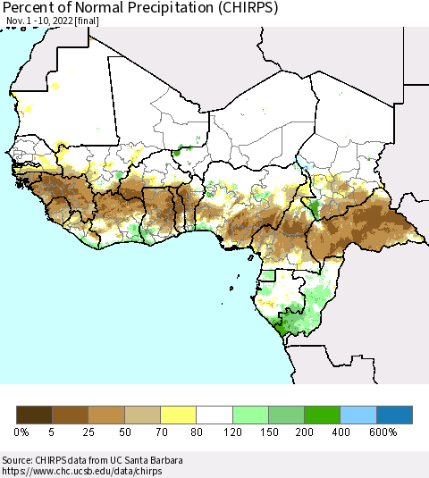 Western Africa Percent of Normal Precipitation (CHIRPS) Thematic Map For 11/1/2022 - 11/10/2022