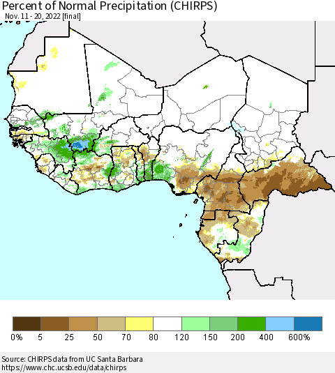Western Africa Percent of Normal Precipitation (CHIRPS) Thematic Map For 11/11/2022 - 11/20/2022