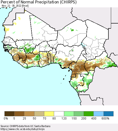 Western Africa Percent of Normal Precipitation (CHIRPS) Thematic Map For 11/21/2022 - 11/30/2022