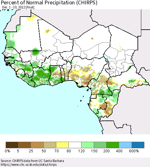 Western Africa Percent of Normal Precipitation (CHIRPS) Thematic Map For 12/1/2022 - 12/10/2022