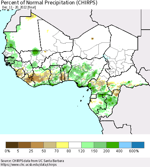 Western Africa Percent of Normal Precipitation (CHIRPS) Thematic Map For 12/11/2022 - 12/20/2022