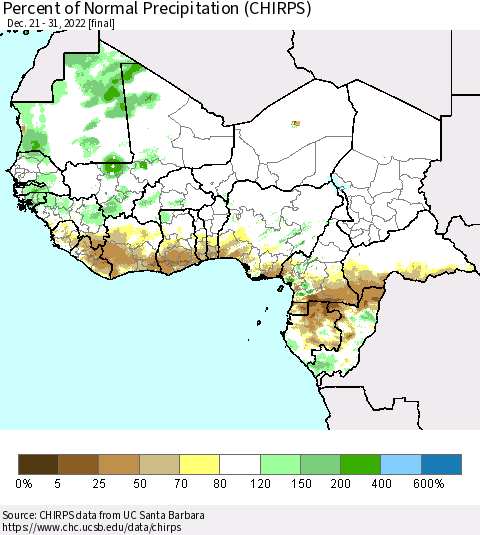 Western Africa Percent of Normal Precipitation (CHIRPS) Thematic Map For 12/21/2022 - 12/31/2022