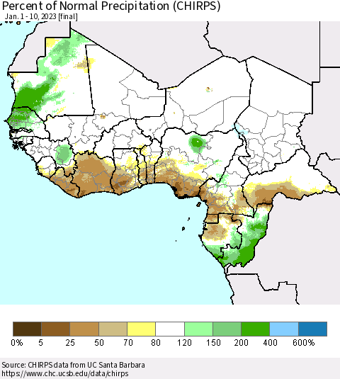 Western Africa Percent of Normal Precipitation (CHIRPS) Thematic Map For 1/1/2023 - 1/10/2023
