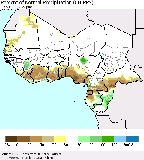 Western Africa Percent of Normal Precipitation (CHIRPS) Thematic Map For 1/11/2023 - 1/20/2023