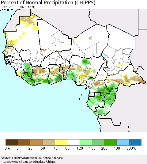Western Africa Percent of Normal Precipitation (CHIRPS) Thematic Map For 1/21/2023 - 1/31/2023