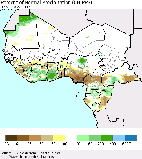 Western Africa Percent of Normal Precipitation (CHIRPS) Thematic Map For 2/1/2023 - 2/10/2023