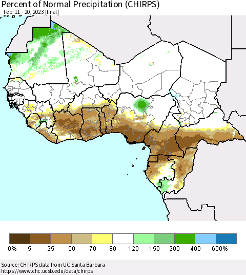 Western Africa Percent of Normal Precipitation (CHIRPS) Thematic Map For 2/11/2023 - 2/20/2023
