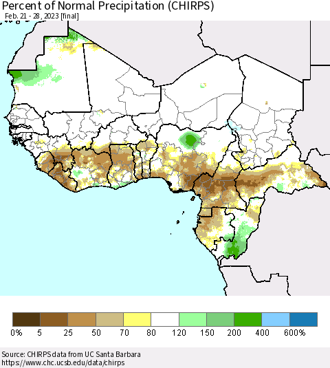 Western Africa Percent of Normal Precipitation (CHIRPS) Thematic Map For 2/21/2023 - 2/28/2023