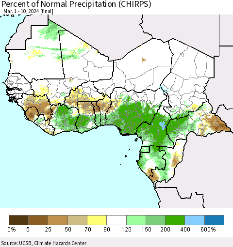 Western Africa Percent of Normal Precipitation (CHIRPS) Thematic Map For 3/1/2024 - 3/10/2024