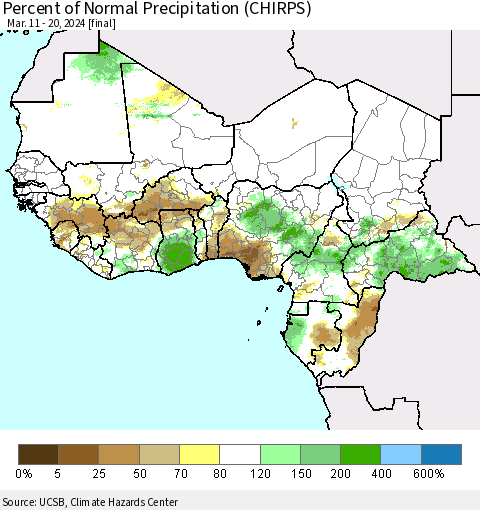 Western Africa Percent of Normal Precipitation (CHIRPS) Thematic Map For 3/11/2024 - 3/20/2024