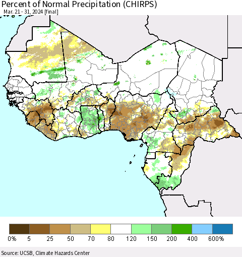 Western Africa Percent of Normal Precipitation (CHIRPS) Thematic Map For 3/21/2024 - 3/31/2024