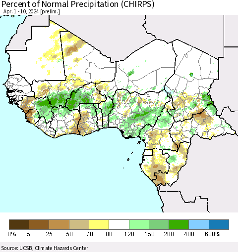 Western Africa Percent of Normal Precipitation (CHIRPS) Thematic Map For 4/1/2024 - 4/10/2024