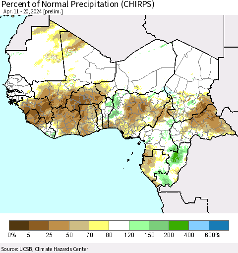 Western Africa Percent of Normal Precipitation (CHIRPS) Thematic Map For 4/11/2024 - 4/20/2024