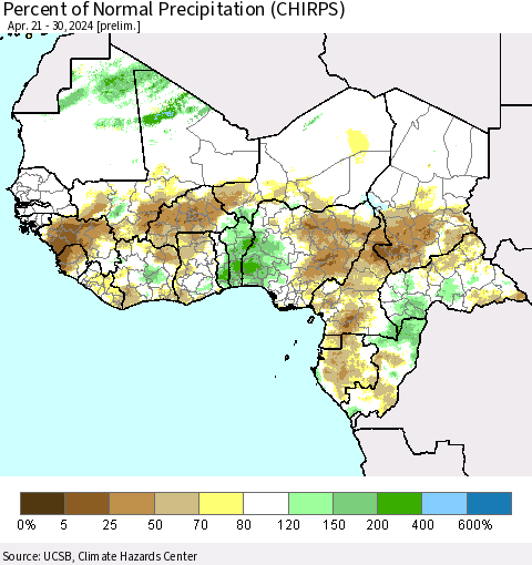 Western Africa Percent of Normal Precipitation (CHIRPS) Thematic Map For 4/21/2024 - 4/30/2024