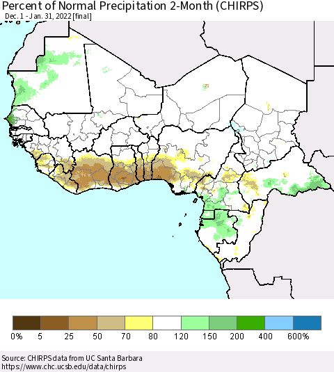 Western Africa Percent of Normal Precipitation 2-Month (CHIRPS) Thematic Map For 12/1/2021 - 1/31/2022