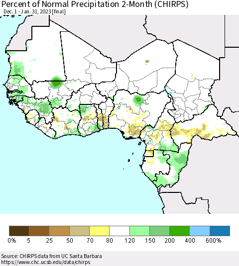 Western Africa Percent of Normal Precipitation 2-Month (CHIRPS) Thematic Map For 12/1/2022 - 1/31/2023
