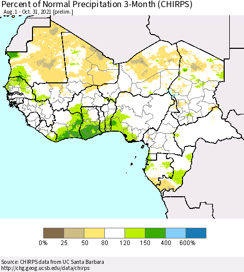 Western Africa Percent of Normal Precipitation 3-Month (CHIRPS) Thematic Map For 8/1/2021 - 10/31/2021