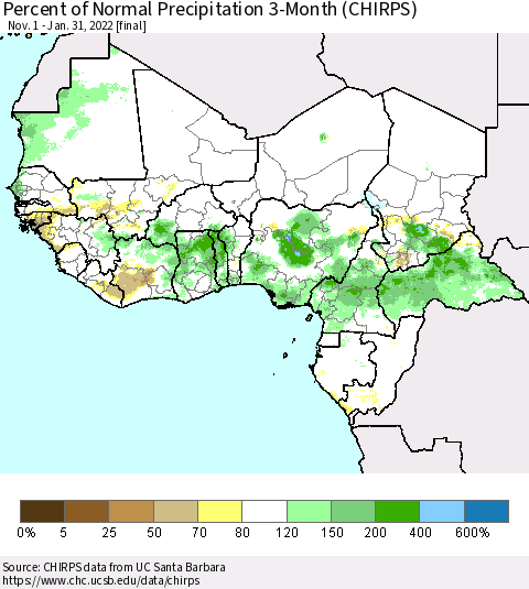 Western Africa Percent of Normal Precipitation 3-Month (CHIRPS) Thematic Map For 11/1/2021 - 1/31/2022