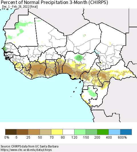 Western Africa Percent of Normal Precipitation 3-Month (CHIRPS) Thematic Map For 12/1/2021 - 2/28/2022