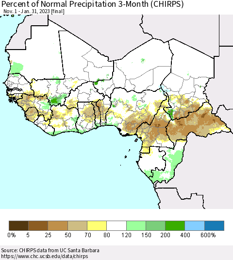 Western Africa Percent of Normal Precipitation 3-Month (CHIRPS) Thematic Map For 11/1/2022 - 1/31/2023