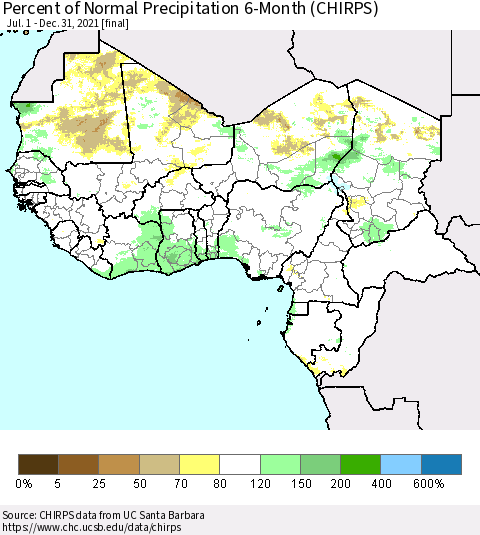 Western Africa Percent of Normal Precipitation 6-Month (CHIRPS) Thematic Map For 7/1/2021 - 12/31/2021