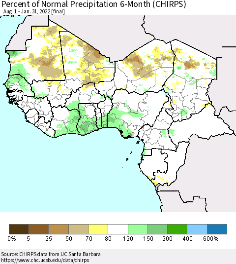Western Africa Percent of Normal Precipitation 6-Month (CHIRPS) Thematic Map For 8/1/2021 - 1/31/2022