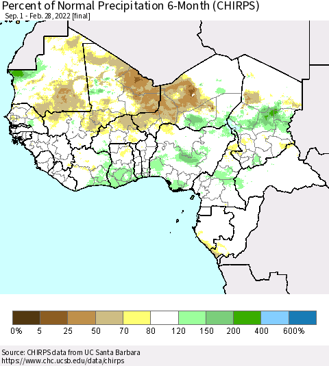 Western Africa Percent of Normal Precipitation 6-Month (CHIRPS) Thematic Map For 9/1/2021 - 2/28/2022