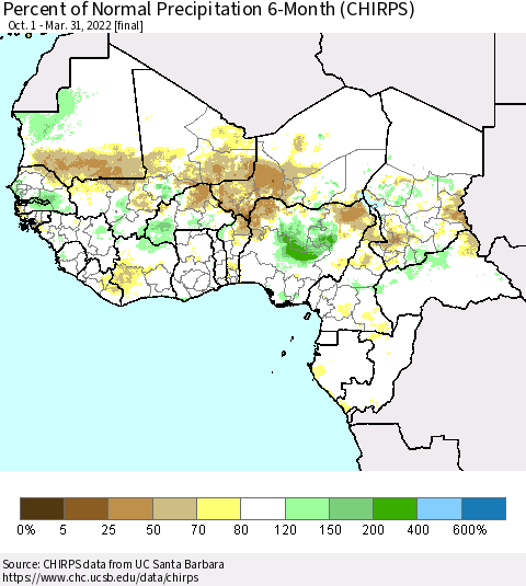Western Africa Percent of Normal Precipitation 6-Month (CHIRPS) Thematic Map For 10/1/2021 - 3/31/2022