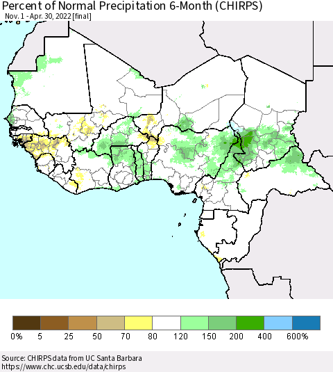 Western Africa Percent of Normal Precipitation 6-Month (CHIRPS) Thematic Map For 11/1/2021 - 4/30/2022