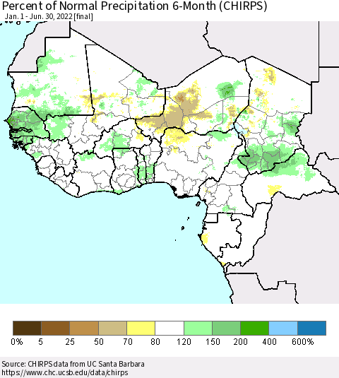 Western Africa Percent of Normal Precipitation 6-Month (CHIRPS) Thematic Map For 1/1/2022 - 6/30/2022