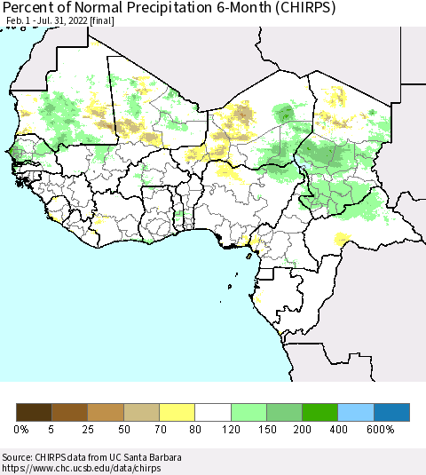 Western Africa Percent of Normal Precipitation 6-Month (CHIRPS) Thematic Map For 2/1/2022 - 7/31/2022