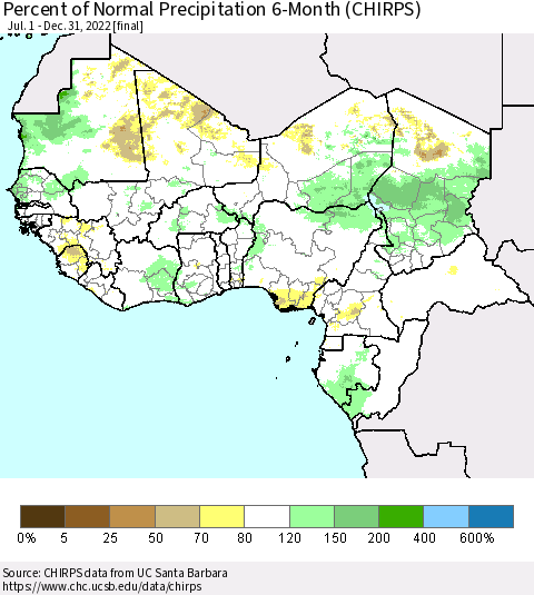 Western Africa Percent of Normal Precipitation 6-Month (CHIRPS) Thematic Map For 7/1/2022 - 12/31/2022
