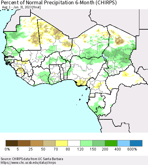 Western Africa Percent of Normal Precipitation 6-Month (CHIRPS) Thematic Map For 8/1/2022 - 1/31/2023