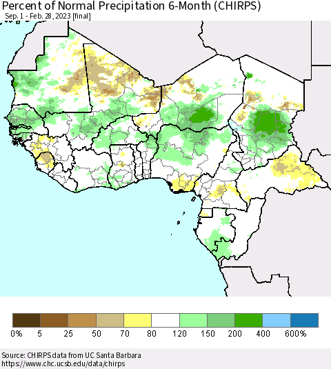 Western Africa Percent of Normal Precipitation 6-Month (CHIRPS) Thematic Map For 9/1/2022 - 2/28/2023