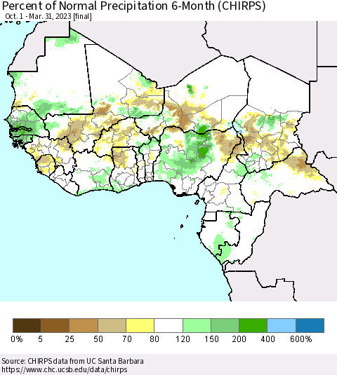 Western Africa Percent of Normal Precipitation 6-Month (CHIRPS) Thematic Map For 10/1/2022 - 3/31/2023