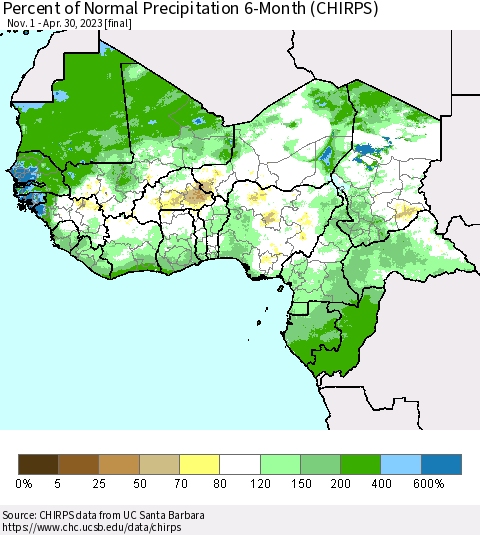 Western Africa Percent of Normal Precipitation 6-Month (CHIRPS) Thematic Map For 11/1/2022 - 4/30/2023