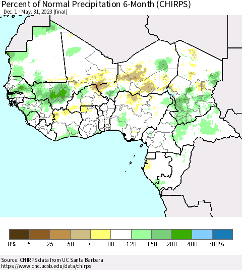 Western Africa Percent of Normal Precipitation 6-Month (CHIRPS) Thematic Map For 12/1/2022 - 5/31/2023