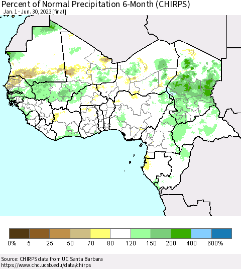 Western Africa Percent of Normal Precipitation 6-Month (CHIRPS) Thematic Map For 1/1/2023 - 6/30/2023