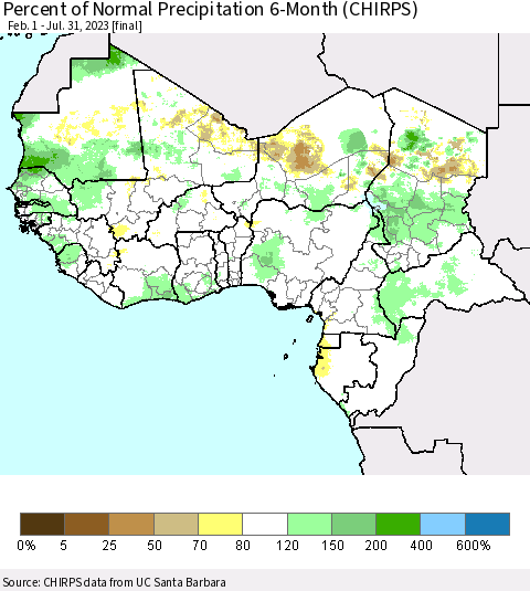 Western Africa Percent of Normal Precipitation 6-Month (CHIRPS) Thematic Map For 2/1/2023 - 7/31/2023
