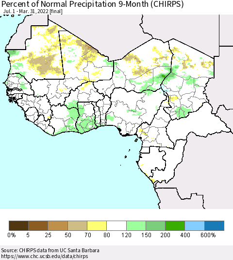 Western Africa Percent of Normal Precipitation 9-Month (CHIRPS) Thematic Map For 7/1/2021 - 3/31/2022